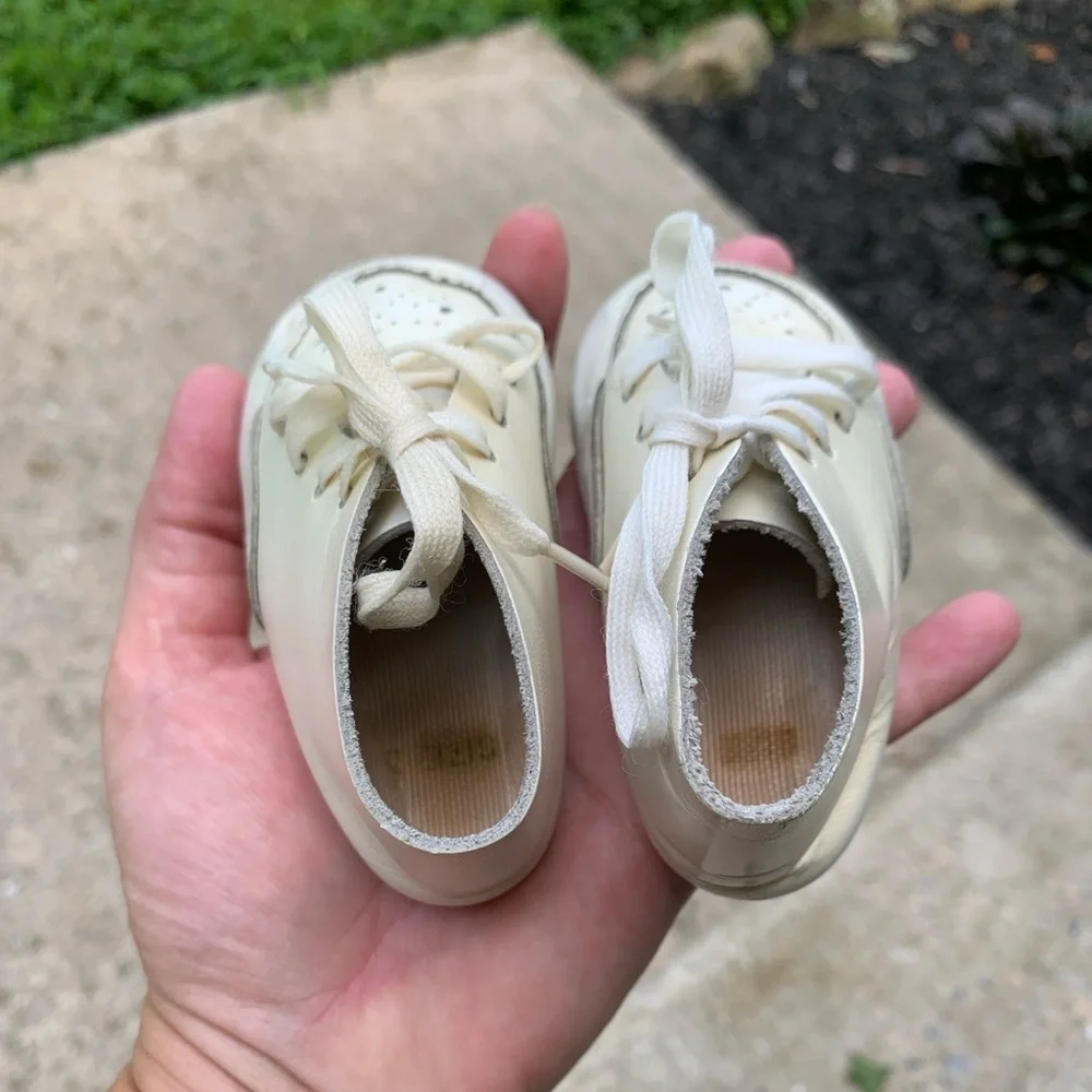 Pair of Vintage White Leather Baby Shoes Irving Shoe Store